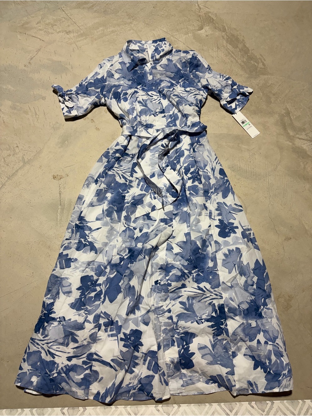 Calvin Klein Blue Floral maxi Dress with Tie Waist cotton NWT MSRP$159 8
